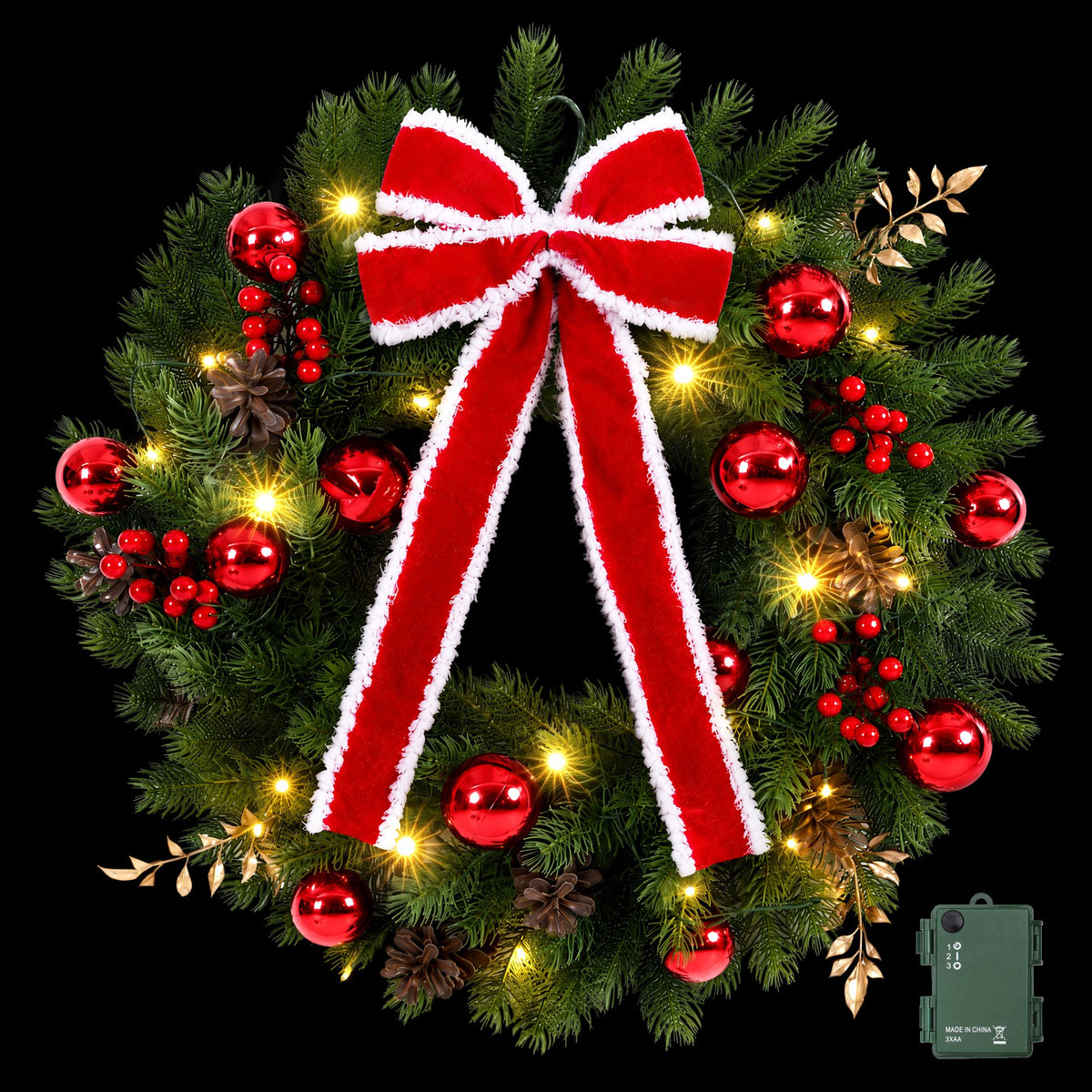 Pre-lit Christmas door wreath 60cm across with LED lights and a bow.