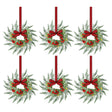 Six small pre-lit Christmas wreaths 26cm across with red berries and bows.