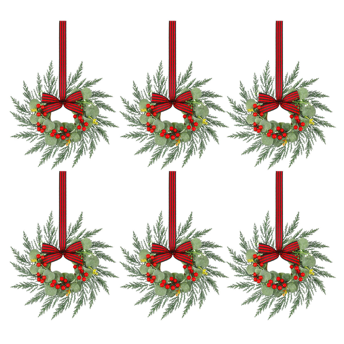 Six small pre-lit Christmas wreaths 26cm across with red berries and bows.