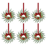 Six small pre-lit Christmas wreaths 26cm across with red berries and bows.