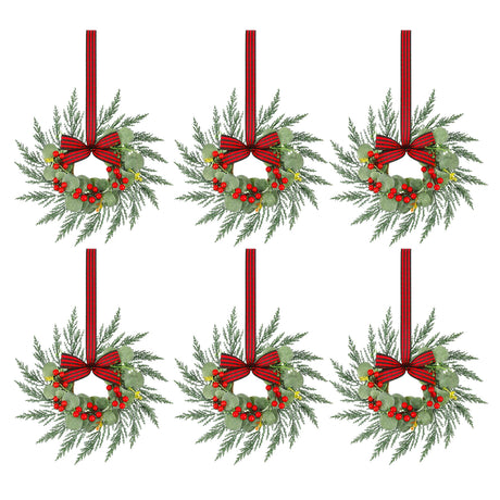 Six small pre-lit Christmas wreaths 26cm across with red berries and bows.