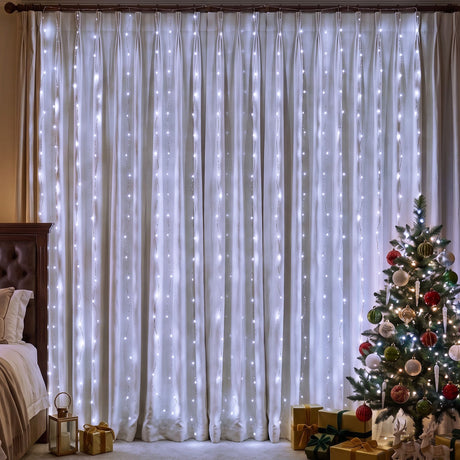 Cool white LED curtain lights, 3 by 3 metres with 300 LEDs.