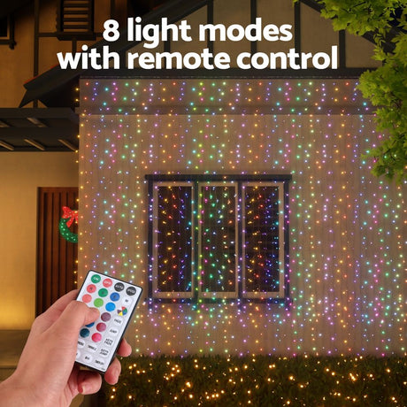 The 6x3m RGB curtain lights shown again, battery operated.