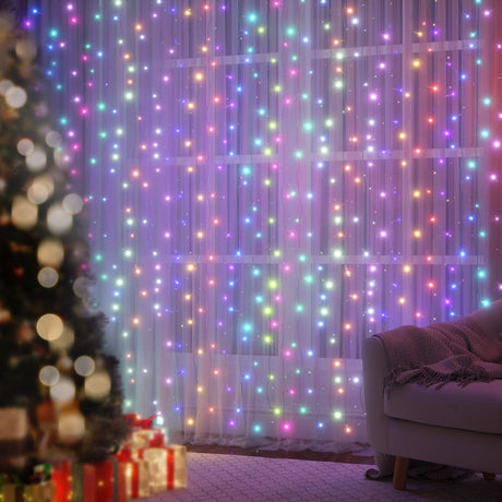 The 6x3m RGB curtain lights shown again, mains powered with a transformer.
