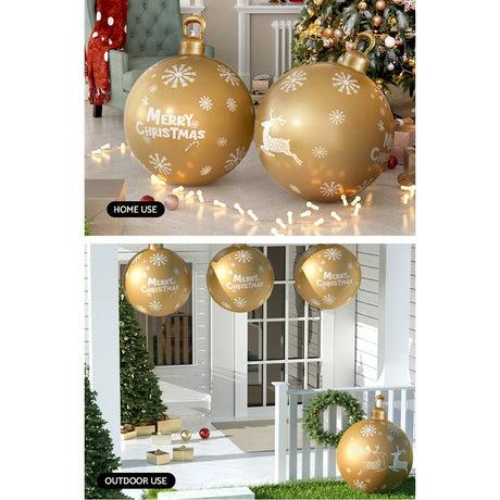 The gold inflatable bauble shown again, deflates flat for storage.