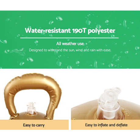Another view of the green inflatable bauble, in UV-resistant material.