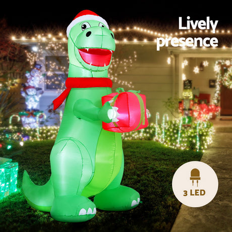 Another view of the inflatable dinosaur, with a built-in air blower.