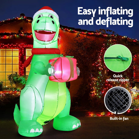 Another view of the inflatable dinosaur, with pegs and ropes for anchoring.