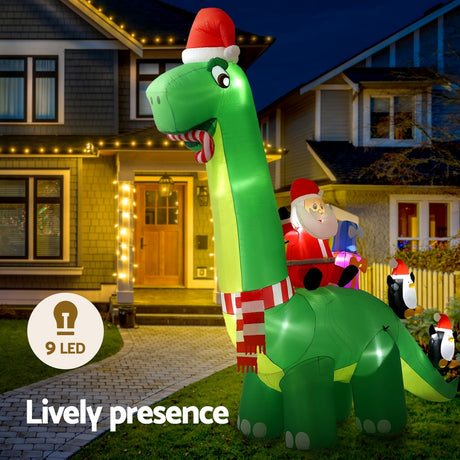 Another view of the inflatable Santa dinosaur, for indoor or outdoor use.