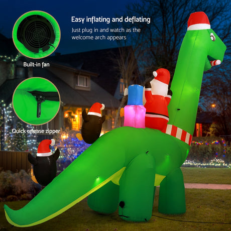 Another view of the inflatable Santa dinosaur, with a built-in air blower.
