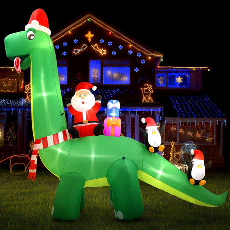 Another view of the inflatable Santa dinosaur, deflates flat for storage.
