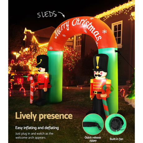 Another view of the inflatable nutcracker archway, with pegs and ropes for anchoring.