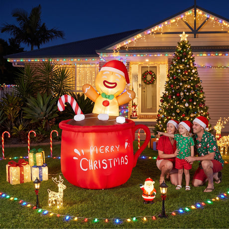 Another view of the inflatable Christmas cup, running on low voltage.