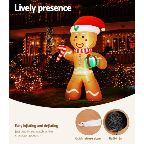Another view of the inflatable gingerbread man, with pegs and ropes for anchoring.