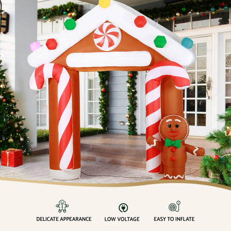 Another view of the inflatable gingerbread archway, with a built-in air blower.