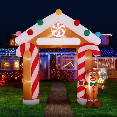 Another view of the inflatable gingerbread archway, deflates flat for storage.