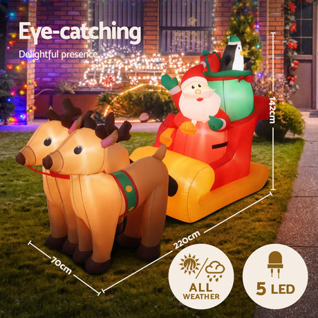 Another view of the inflatable Santa sleigh, with pegs and ropes for anchoring.