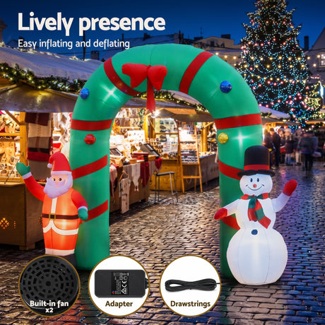 Another view of the inflatable Christmas archway, in water-repellent fabric.