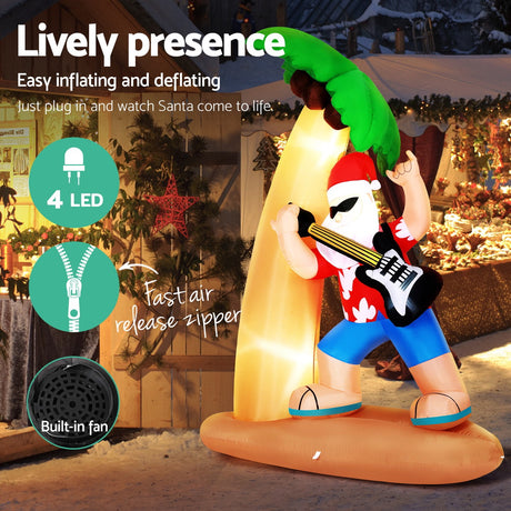 Another view of the inflatable Santa with guitar, with a built-in air blower.