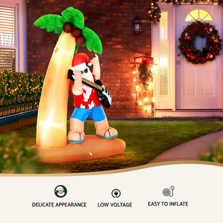 Another view of the inflatable Santa with guitar, with pegs and ropes for anchoring.