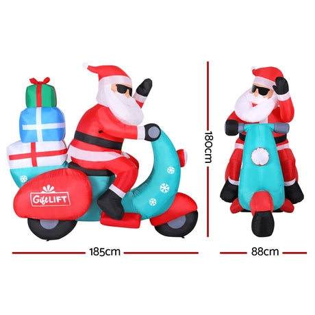 Another view of the inflatable Santa motorbike, mains powered with a transformer.