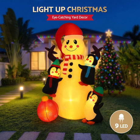 Another view of the inflatable snowman, with pegs and ropes for anchoring.