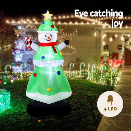 Another view of the inflatable snowman and tree, with a built-in air blower.