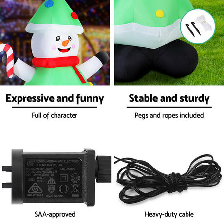 Another view of the inflatable snowman and tree, deflates flat for storage.