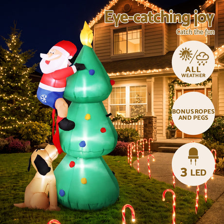 Another view of the inflatable Santa and tree, with pegs and ropes for anchoring.