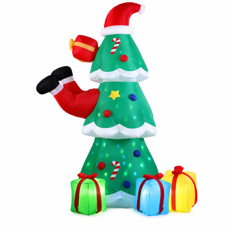 Another view of the inflatable Santa and tree, with a built-in air blower.