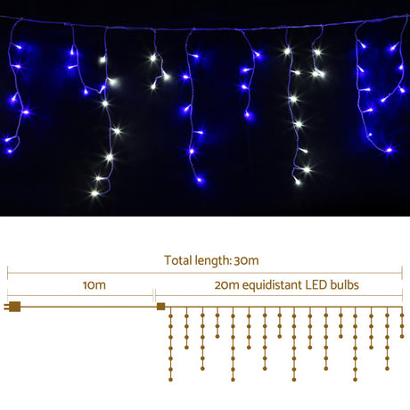 Another view of the 20m icicle lights, mains powered with a transformer.