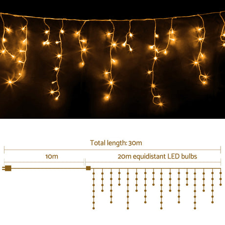 Another view of the 20m icicle lights, mains powered with a transformer.
