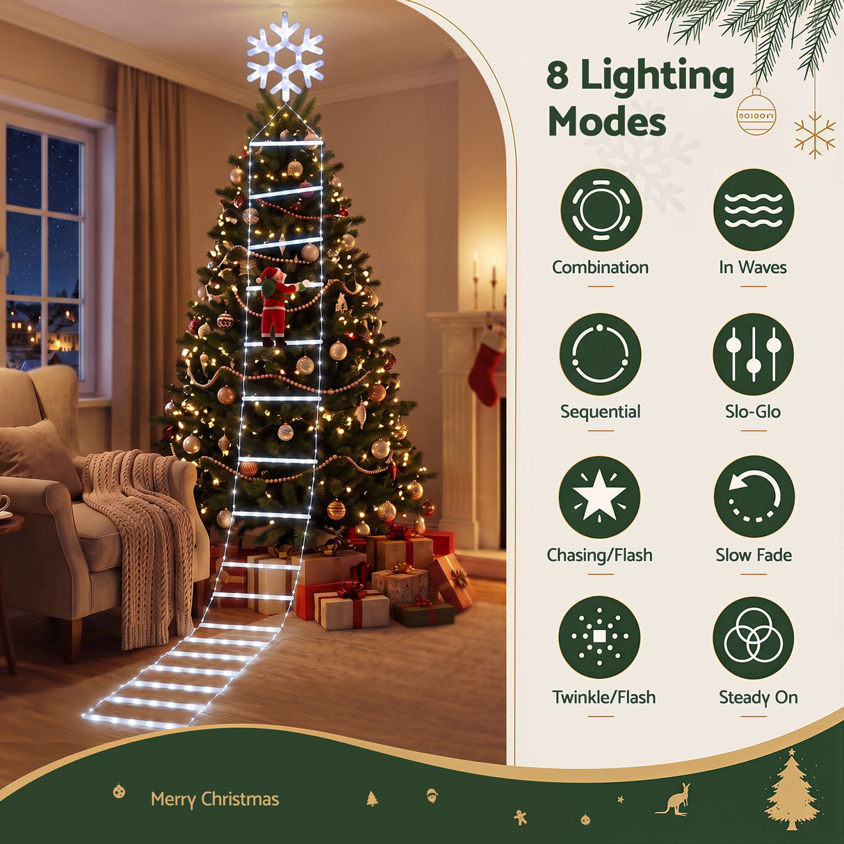 Jingle Jollys Christmas Ladder Lights Santa 3.4m 328LED Hanging Decor Cool White