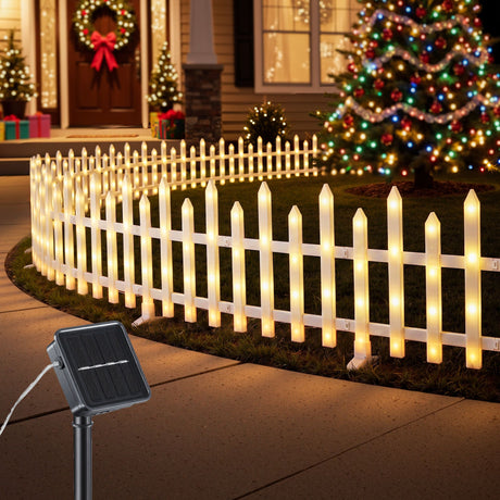 Eight solar fence lights spanning 3 metres with warm white LEDs.