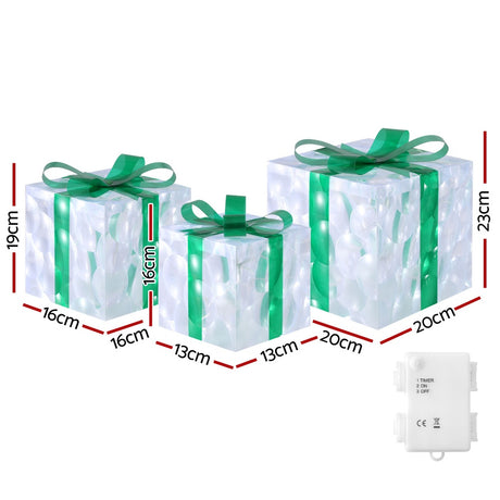 Another view of the three lit gift boxes, 70 LEDs.