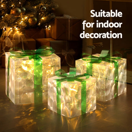 Another view of the three lit gift boxes, for indoor or outdoor use.