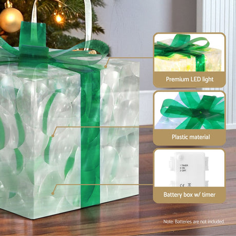 The three lit gift boxes shown again, 70 LEDs.