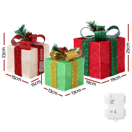 Another view of the three lit gift boxes, 60 LEDs.