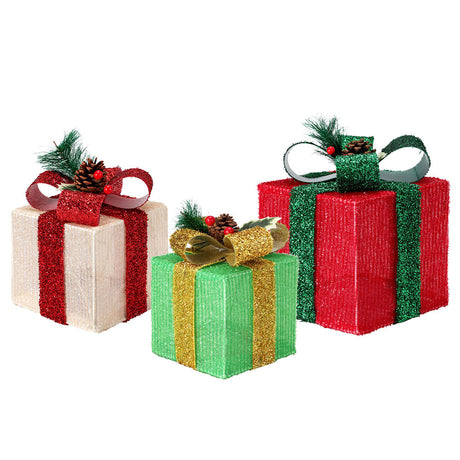 Another view of the three lit gift boxes, battery operated.