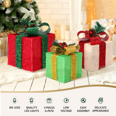 Another view of the three lit gift boxes, with a built-in timer.