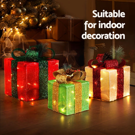 Another view of the three lit gift boxes, for indoor or outdoor use.