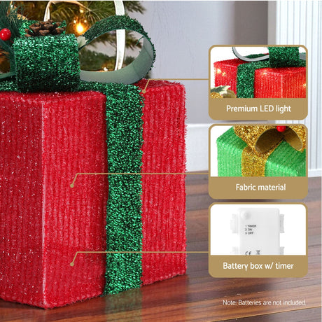 The three lit gift boxes shown again, 60 LEDs.