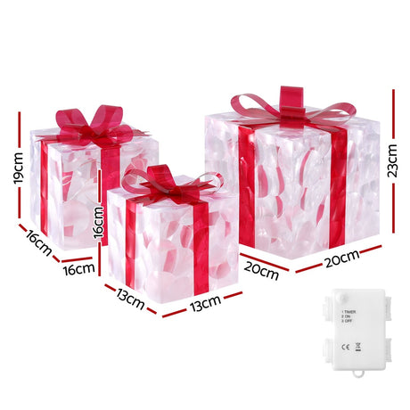 Another view of the three lit gift boxes, 70 LEDs.