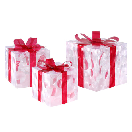 Another view of the three lit gift boxes, battery operated.