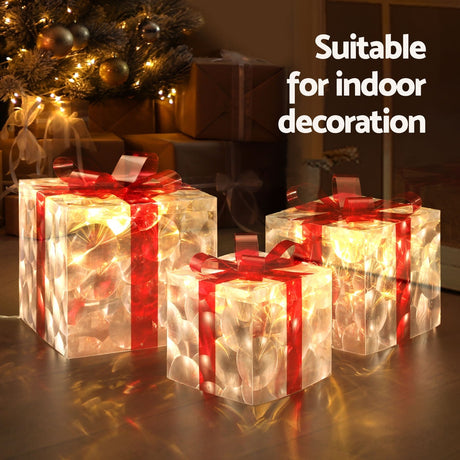 Another view of the three lit gift boxes, for indoor or outdoor use.