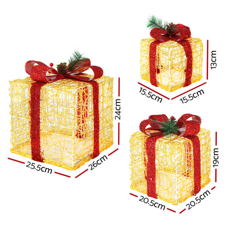 Another view of the three lit gift boxes, mains powered with a transformer.