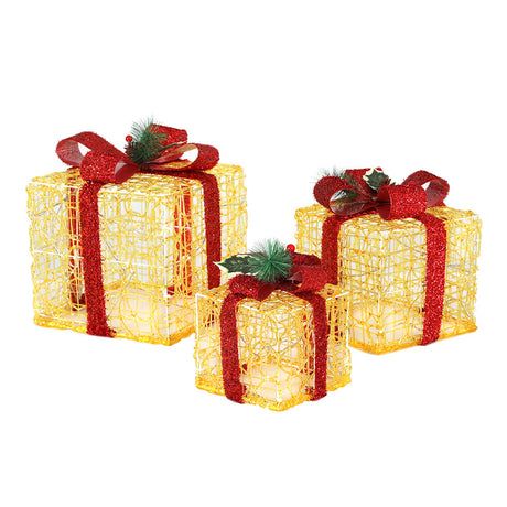 Another view of the three lit gift boxes, for indoor or outdoor use.