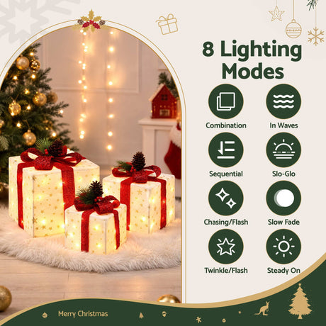 Another view of the three lit gift boxes, battery operated.