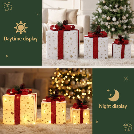 Another view of the three lit gift boxes, eight lighting modes.
