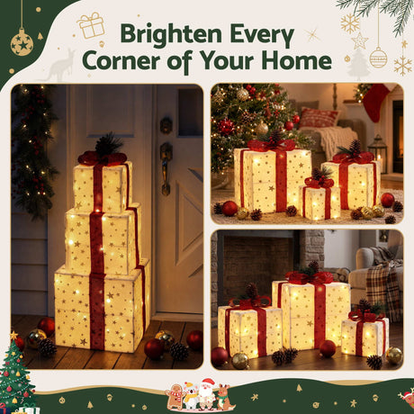 The three lit gift boxes shown again, battery operated.